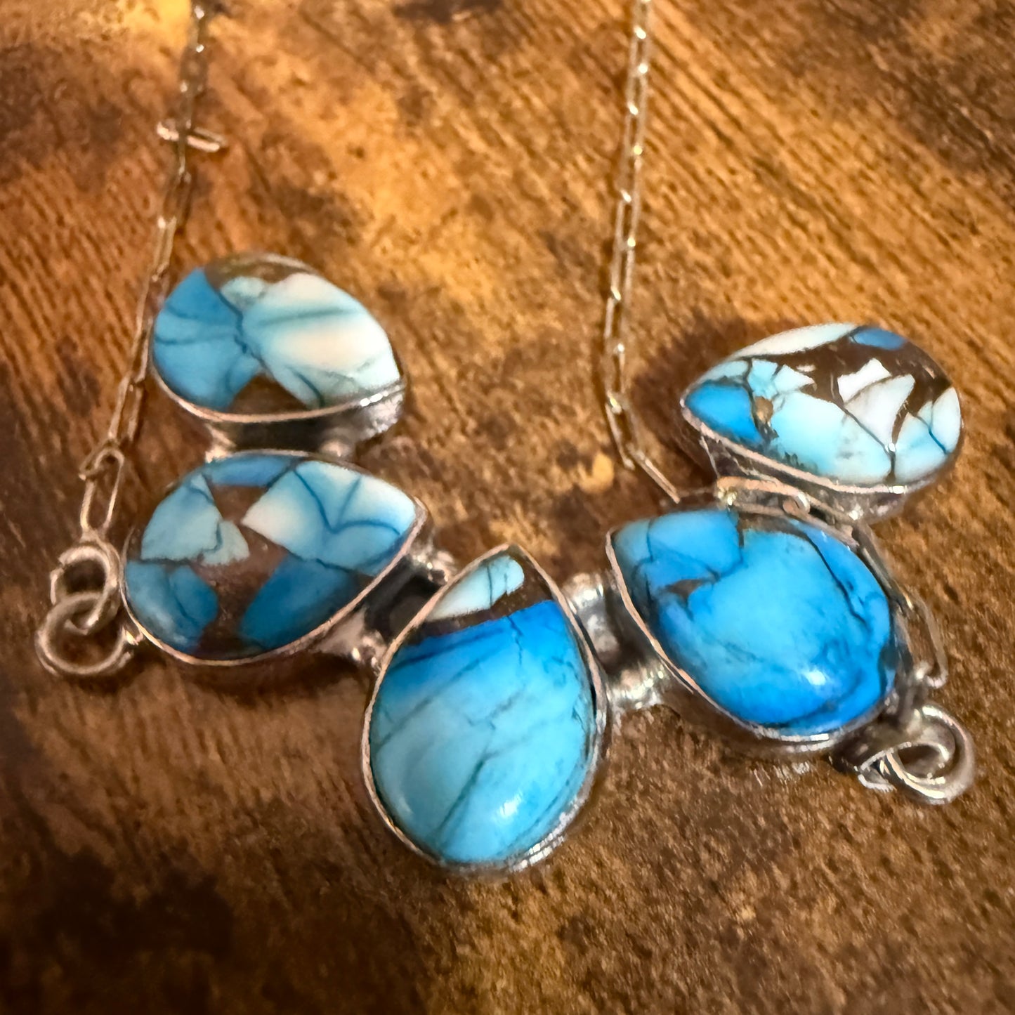 Blue Ice Dahlia Turquoise Cluster Necklace Southwest Navajo Style 18 Inch Chain