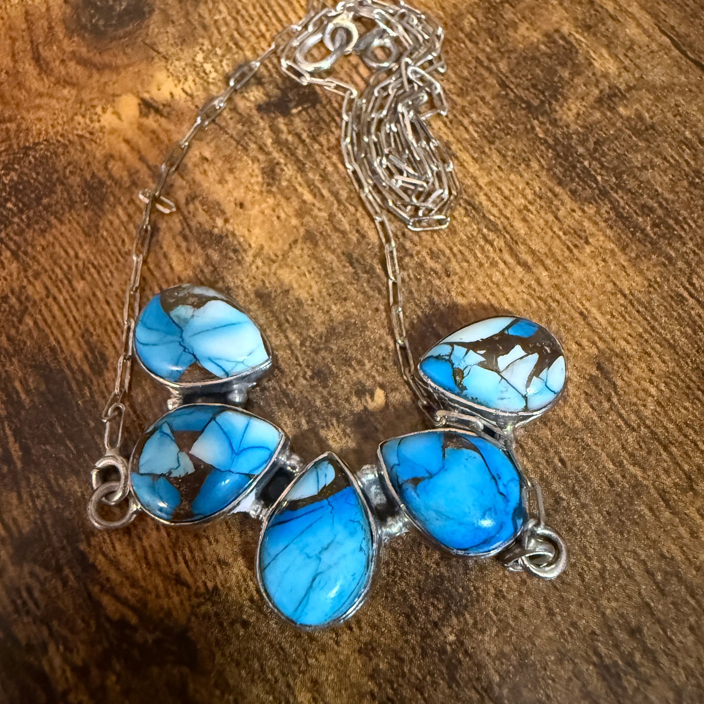 Blue Ice Dahlia Turquoise Cluster Necklace Southwest Navajo Style 18 Inch Chain