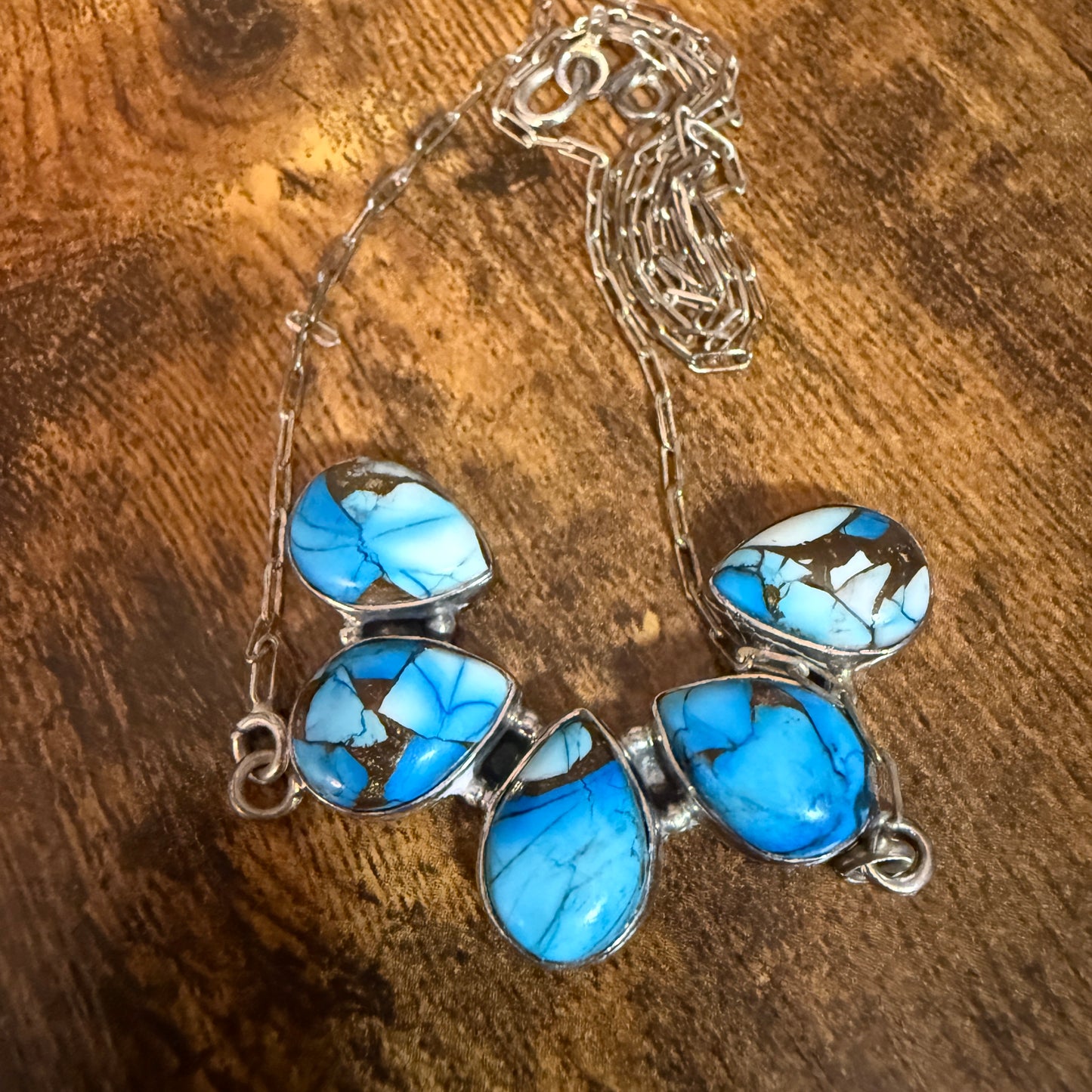 Blue Ice Dahlia Turquoise Cluster Necklace Southwest Navajo Style 18 Inch Chain