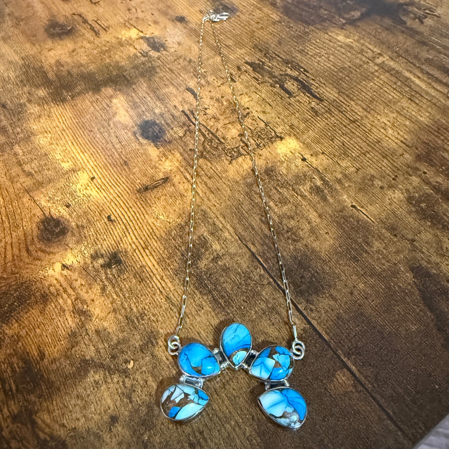 Blue Ice Dahlia Turquoise Cluster Necklace Southwest Navajo Style 18 Inch Chain