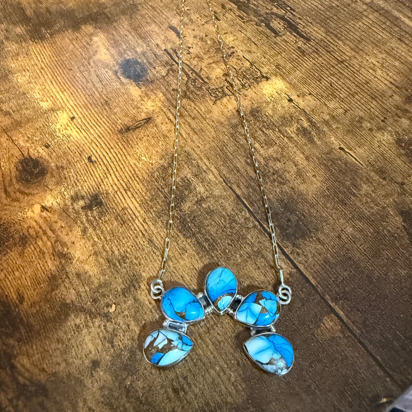 Blue Ice Dahlia Turquoise Cluster Necklace Southwest Navajo Style 18 Inch Chain