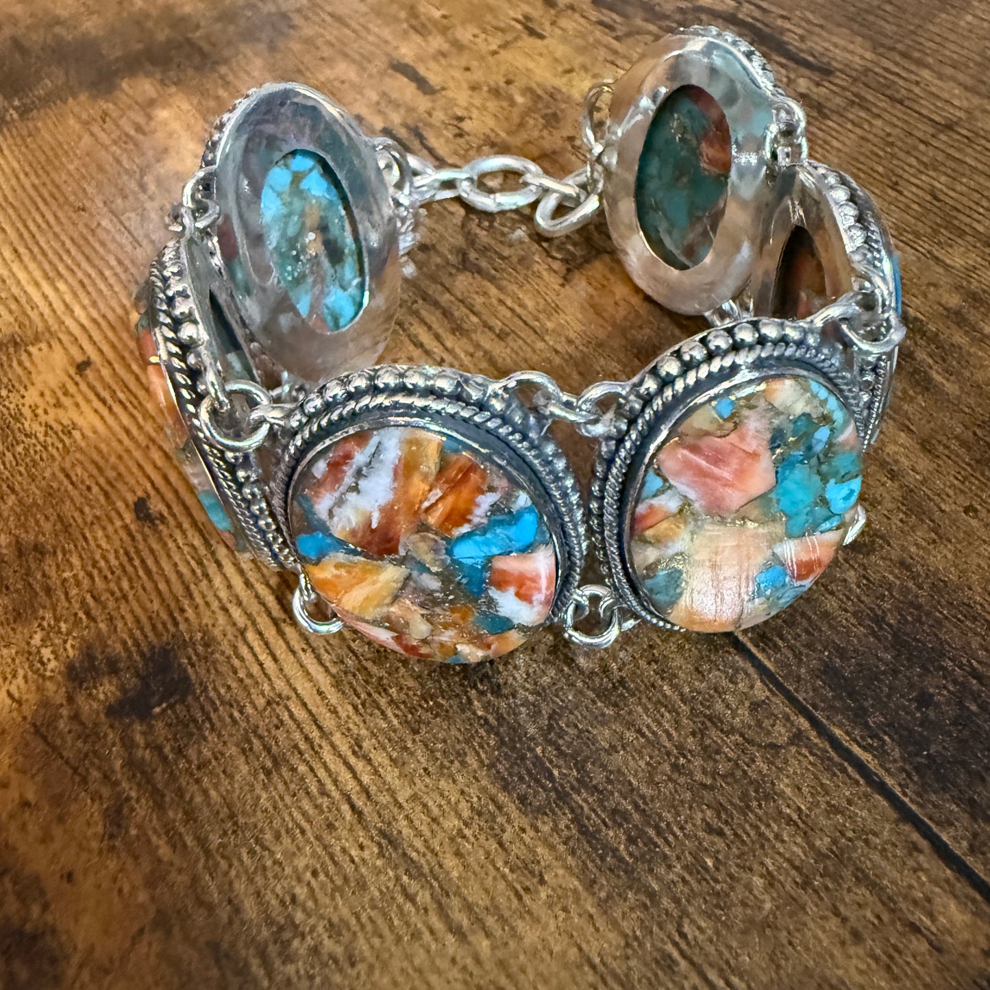 Natural Spiny Oyster Copper Turquoise Sterling Silver Vintage Link Bracelet