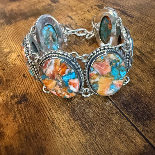 Natural Spiny Oyster Copper Turquoise Sterling Silver Vintage Link Bracelet