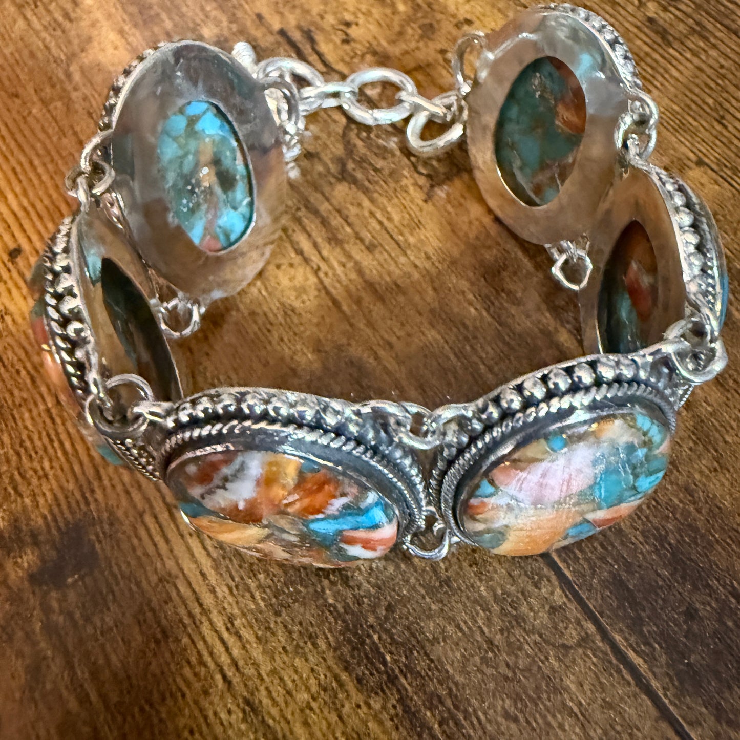 Natural Spiny Oyster Copper Turquoise Sterling Silver Vintage Link Bracelet