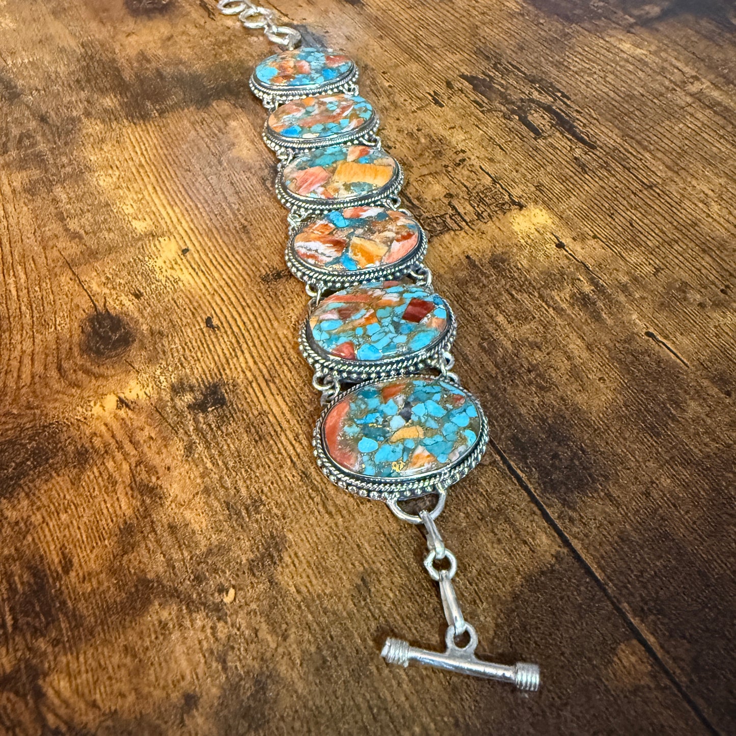 Natural Spiny Oyster Copper Turquoise Sterling Silver Vintage Link Bracelet