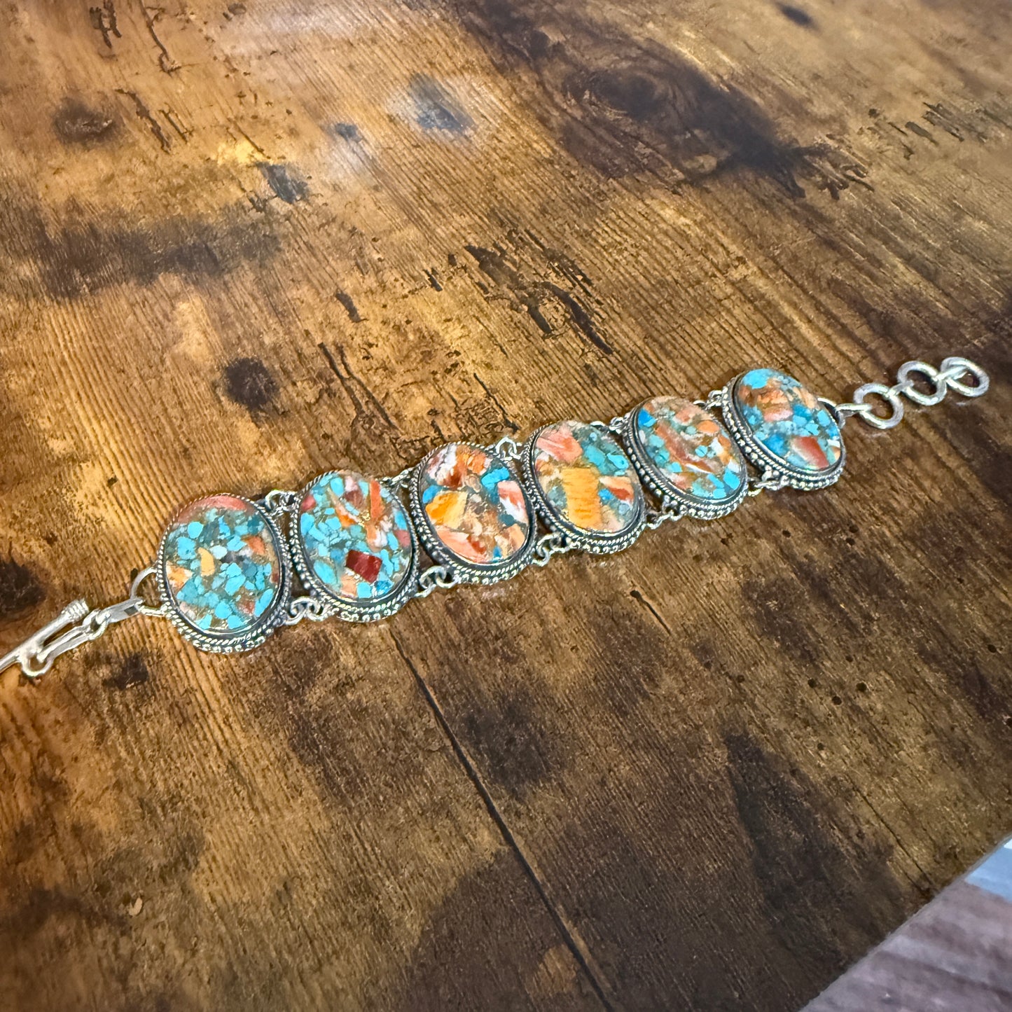 Natural Spiny Oyster Copper Turquoise Sterling Silver Vintage Link Bracelet