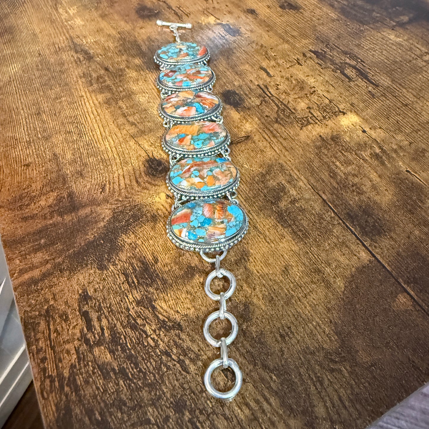 Natural Spiny Oyster Copper Turquoise Sterling Silver Vintage Link Bracelet