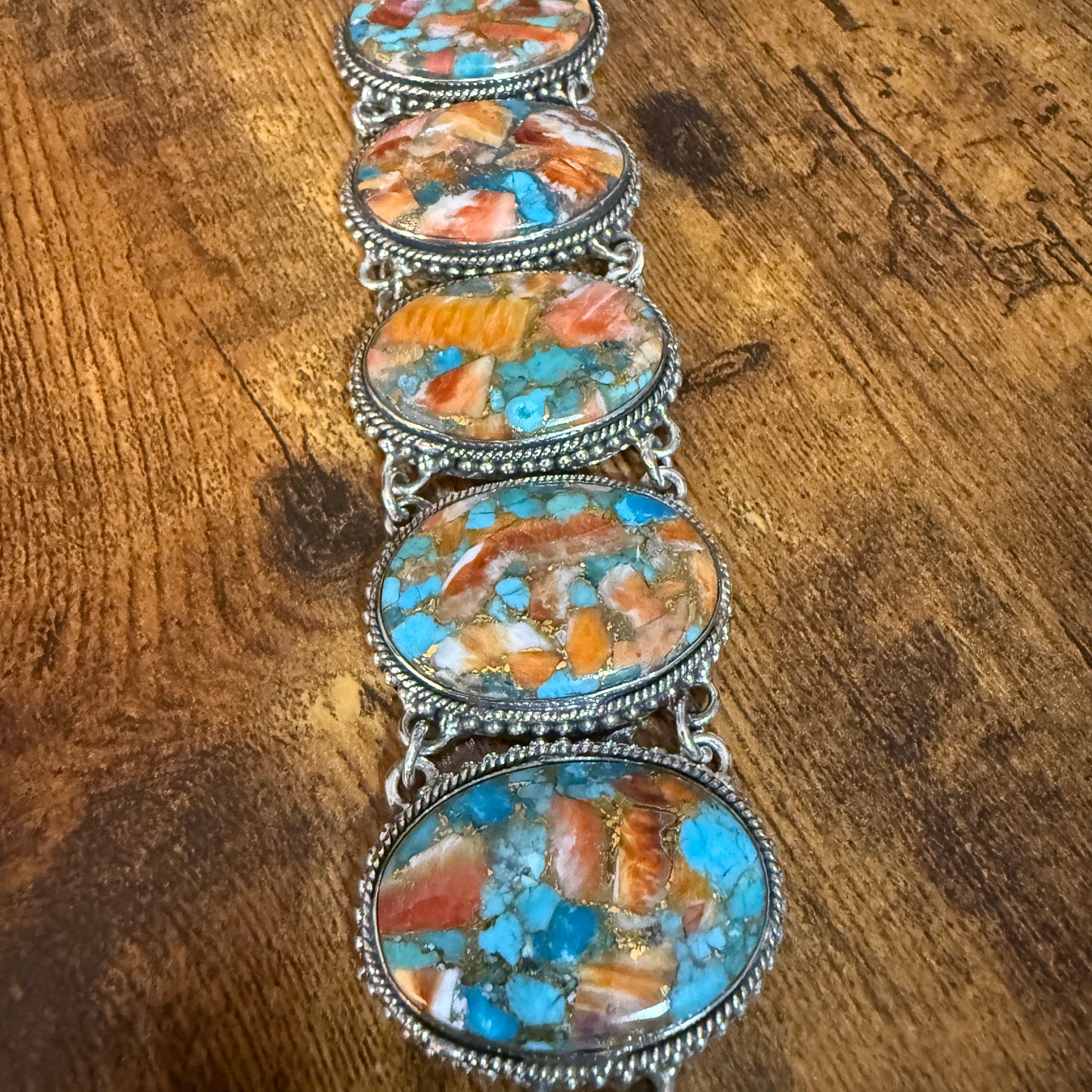 Natural Spiny Oyster Copper Turquoise Sterling Silver Vintage Link Bracelet