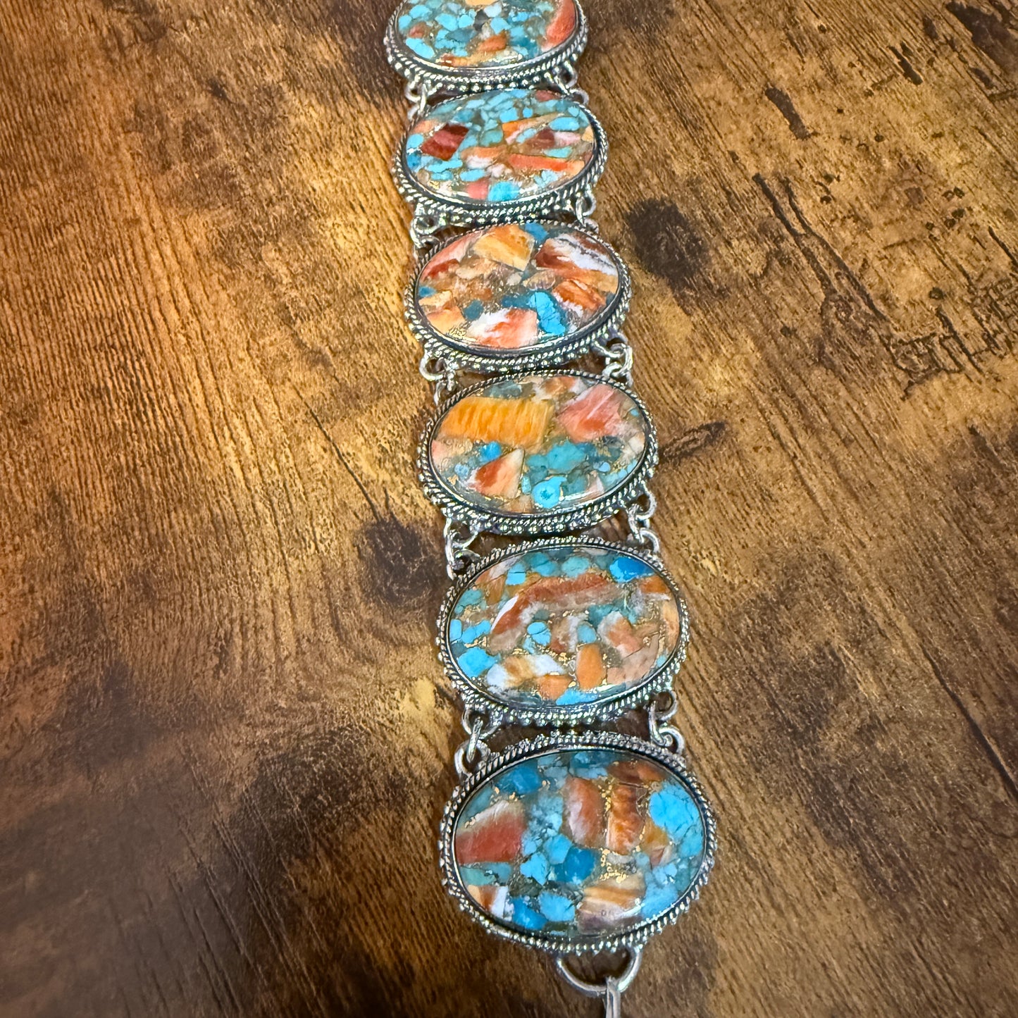 Natural Spiny Oyster Copper Turquoise Sterling Silver Vintage Link Bracelet