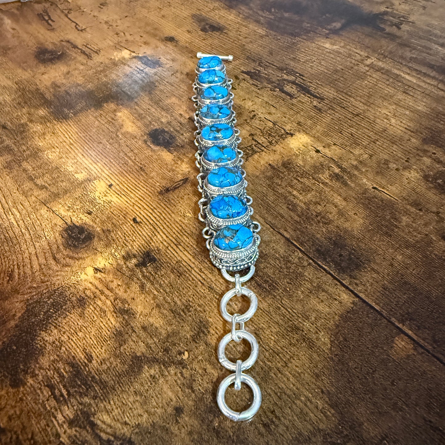 Blue Copper Turquoise Dalhia Gemstone Sterling Silver Vintage Link Bracelet