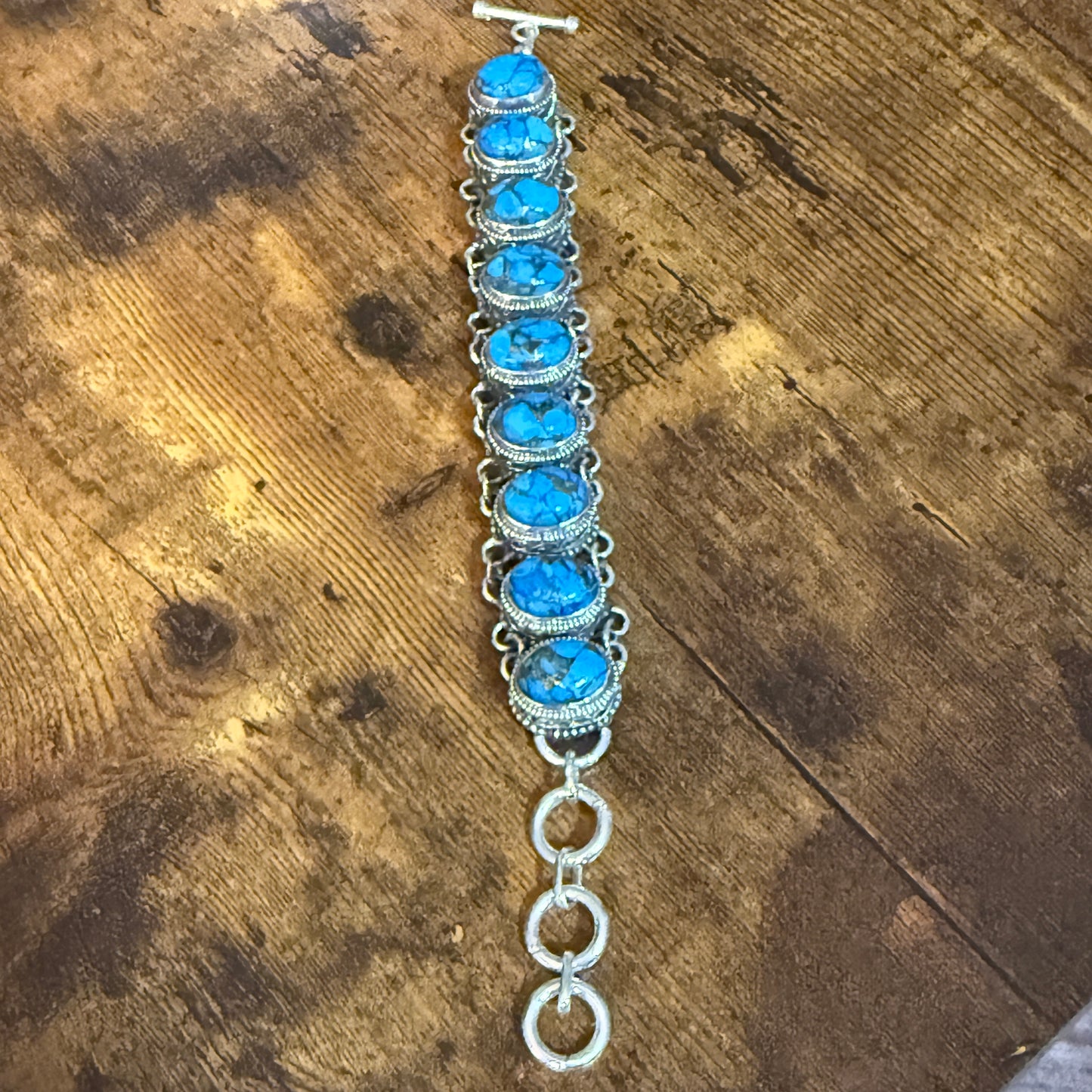 Blue Copper Turquoise Dalhia Gemstone Sterling Silver Vintage Link Bracelet