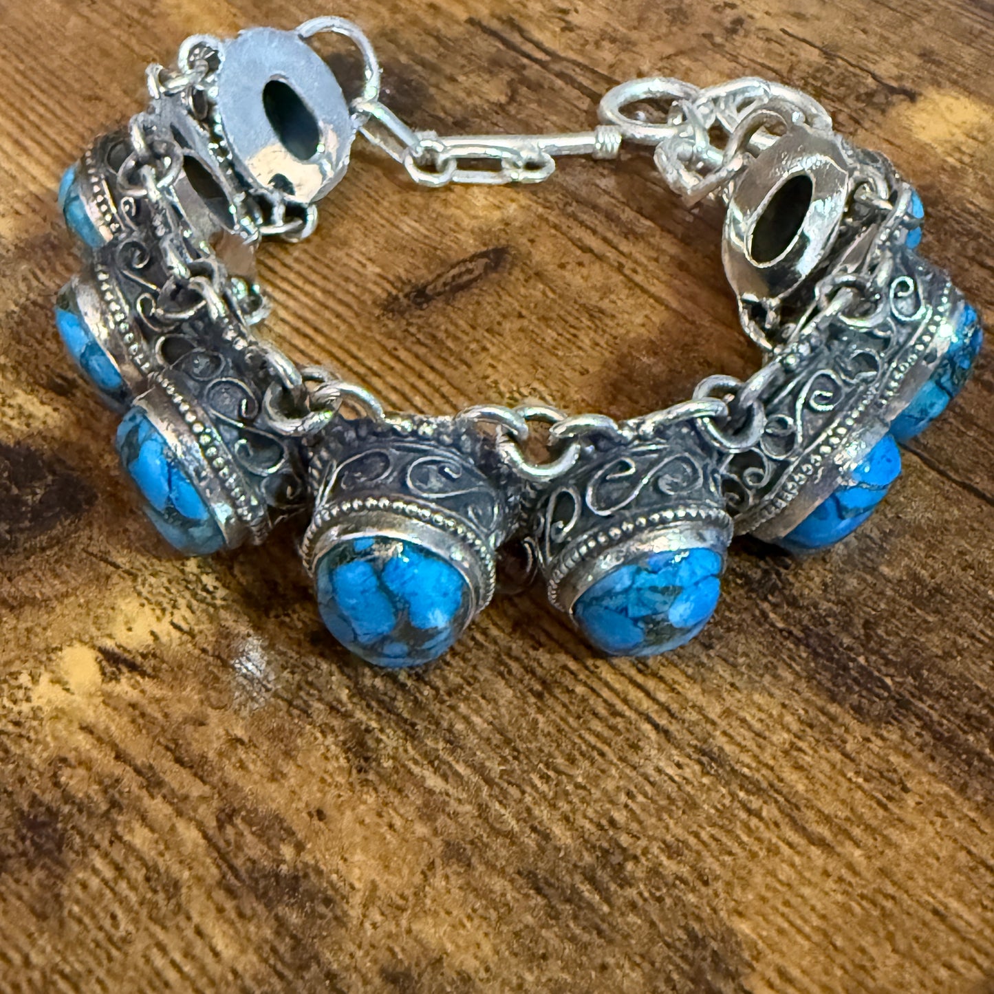 Blue Copper Turquoise Dalhia Gemstone Sterling Silver Vintage Link Bracelet