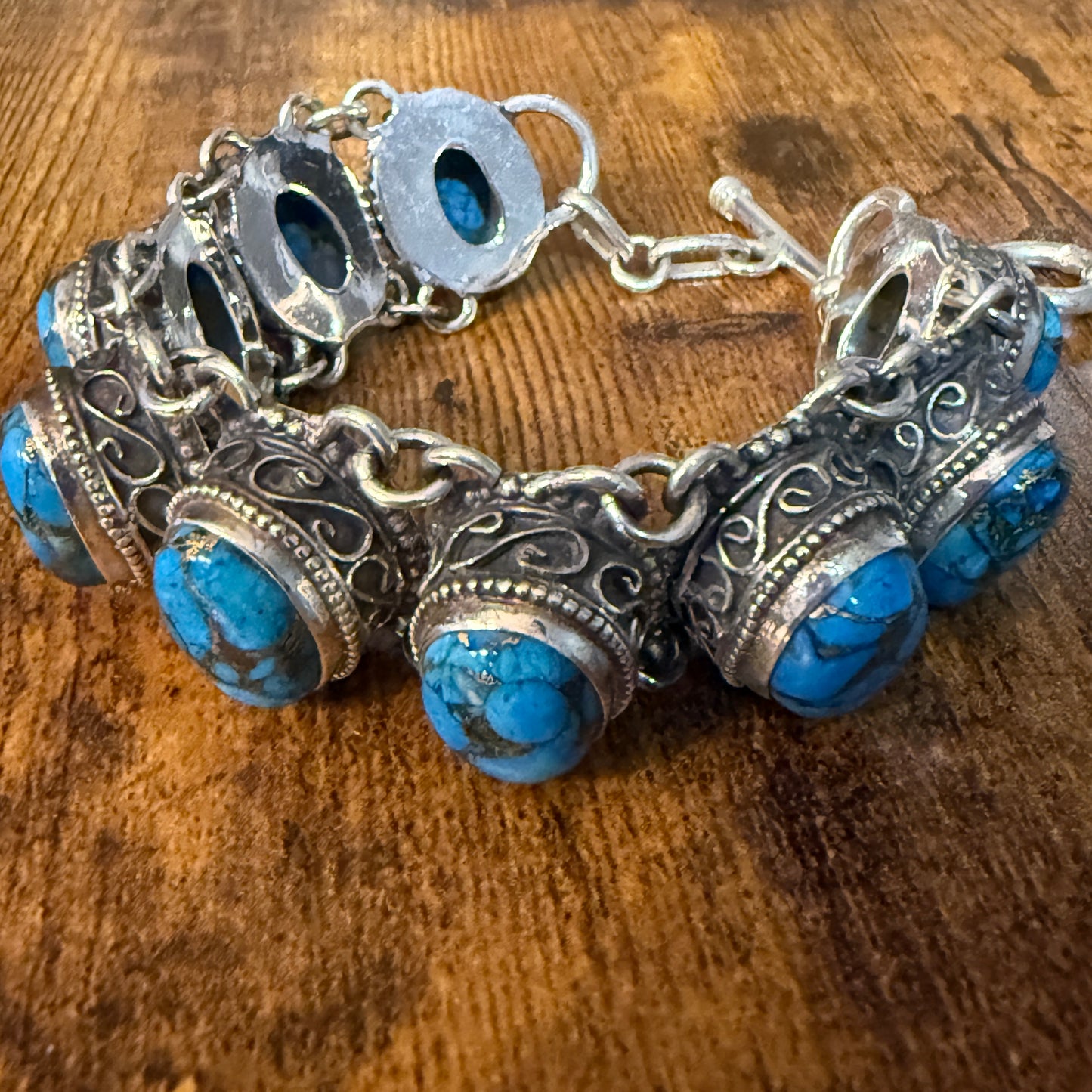 Blue Copper Turquoise Dalhia Gemstone Sterling Silver Vintage Link Bracelet