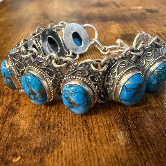 Blue Copper Turquoise Dalhia Gemstone Sterling Silver Vintage Link Bracelet