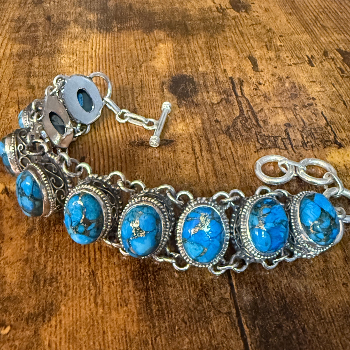Blue Copper Turquoise Dalhia Gemstone Sterling Silver Vintage Link Bracelet