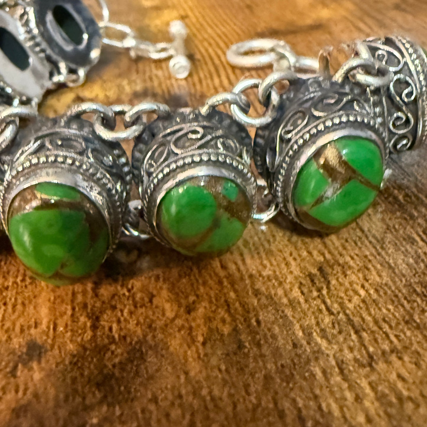 Natural Green Copper Dalhia Turquoise Link 925 Sterling Silver Vintage Bracelet