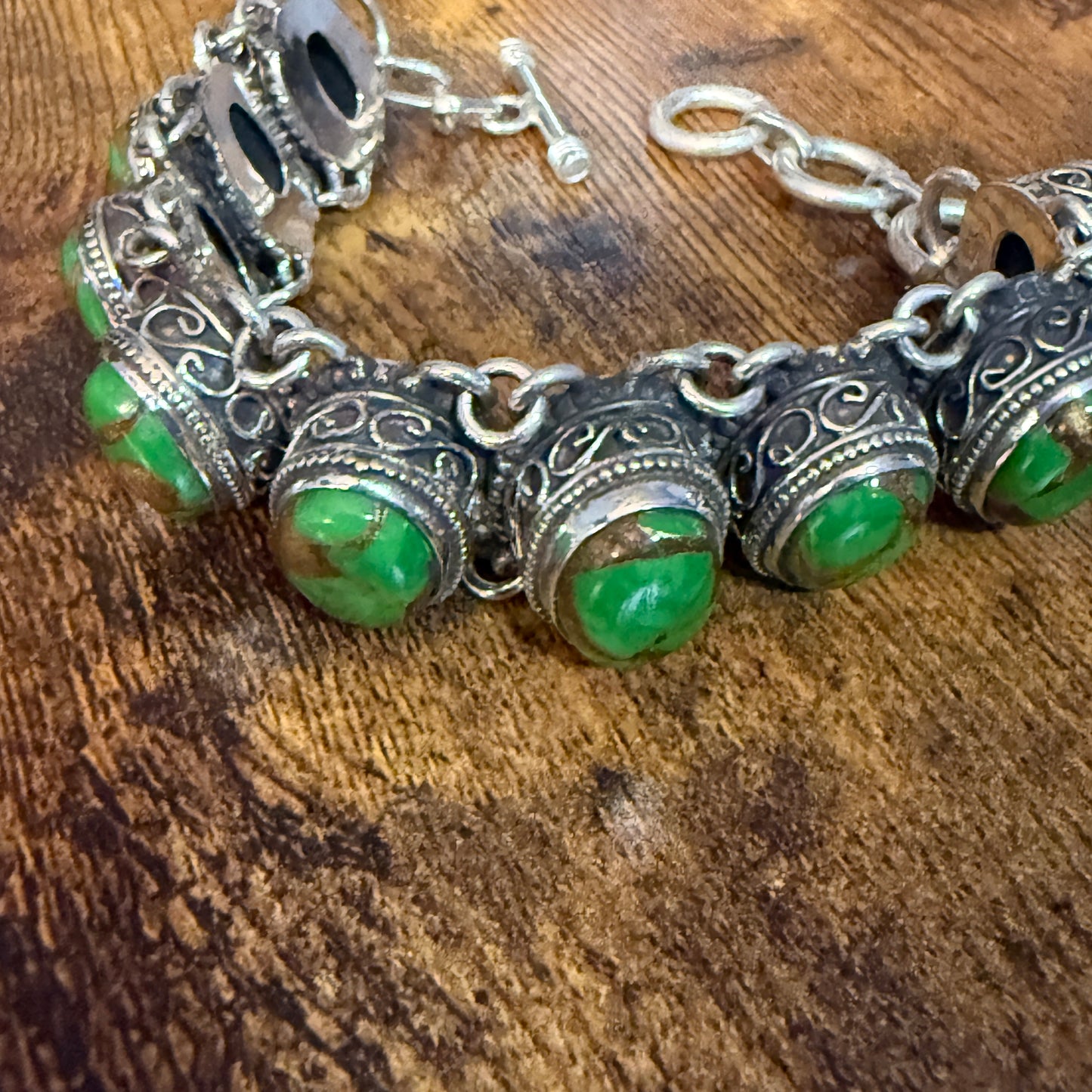 Natural Green Copper Dalhia Turquoise Link 925 Sterling Silver Vintage Bracelet