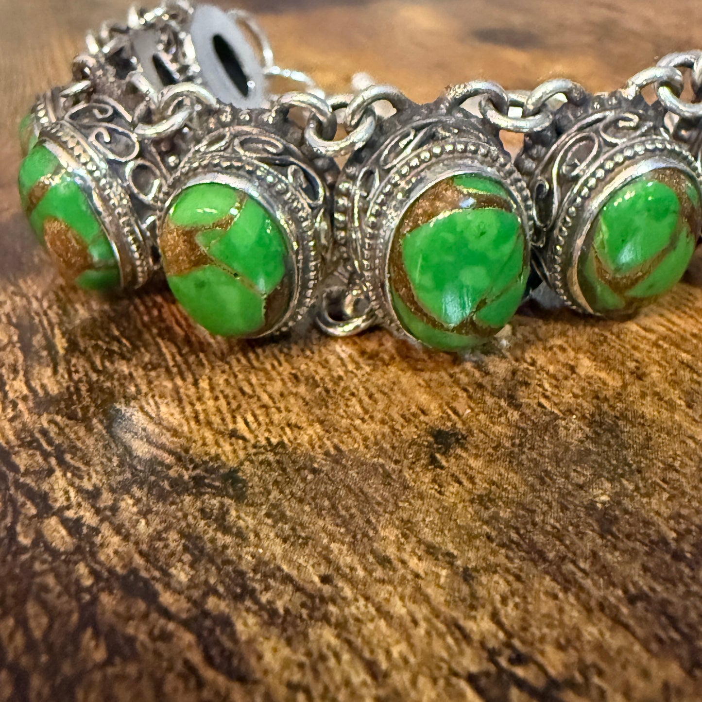 Natural Green Copper Dalhia Turquoise Link 925 Sterling Silver Vintage Bracelet