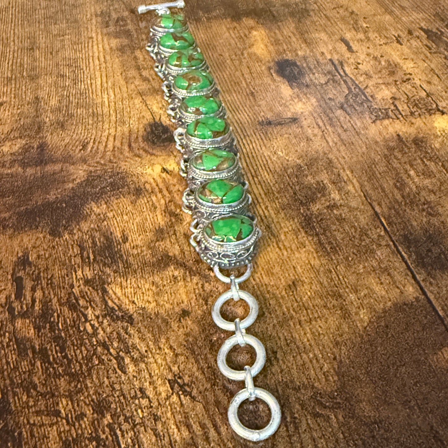 Natural Green Copper Dalhia Turquoise Link 925 Sterling Silver Vintage Bracelet