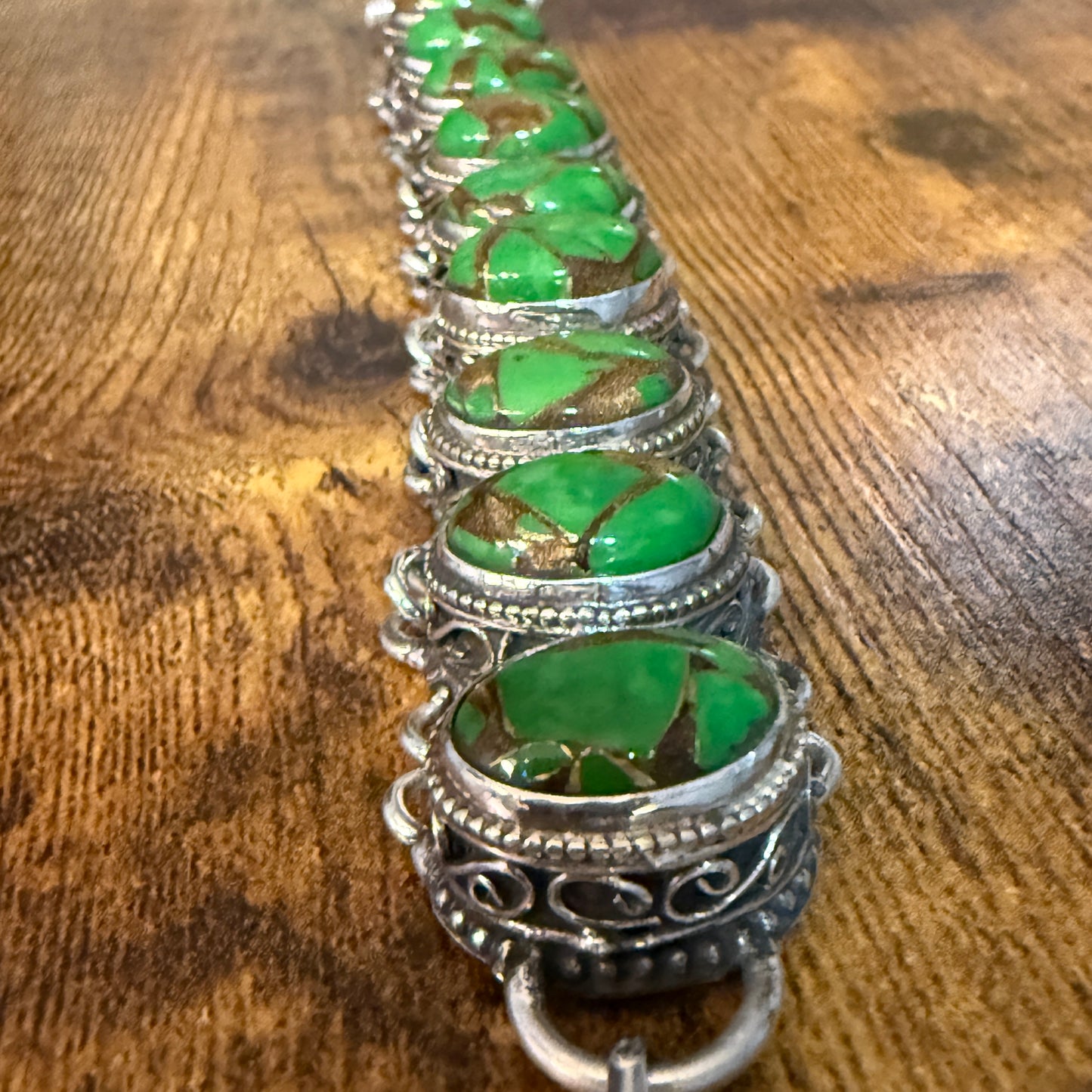 Natural Green Copper Dalhia Turquoise Link 925 Sterling Silver Vintage Bracelet