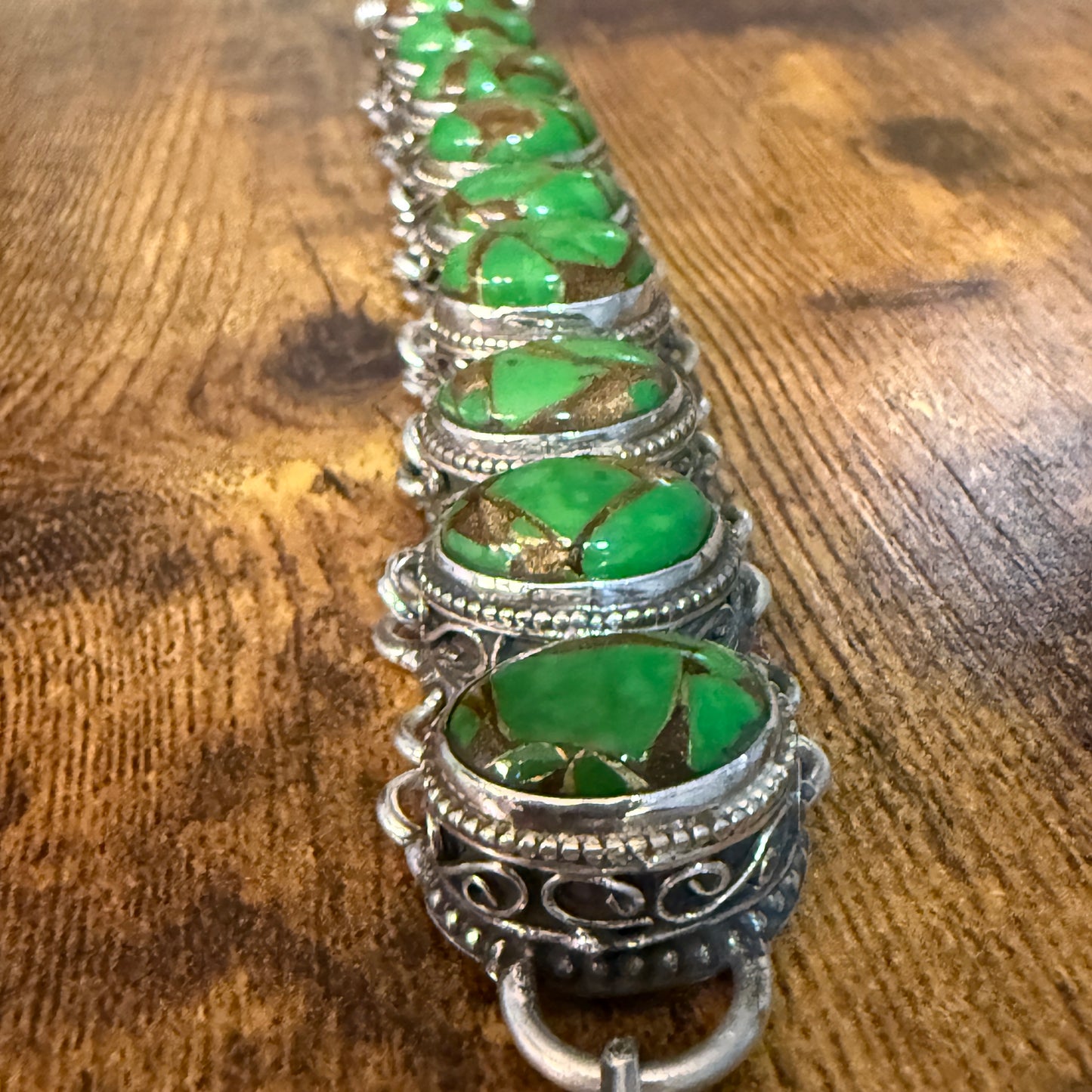 Natural Green Copper Dalhia Turquoise Link 925 Sterling Silver Vintage Bracelet