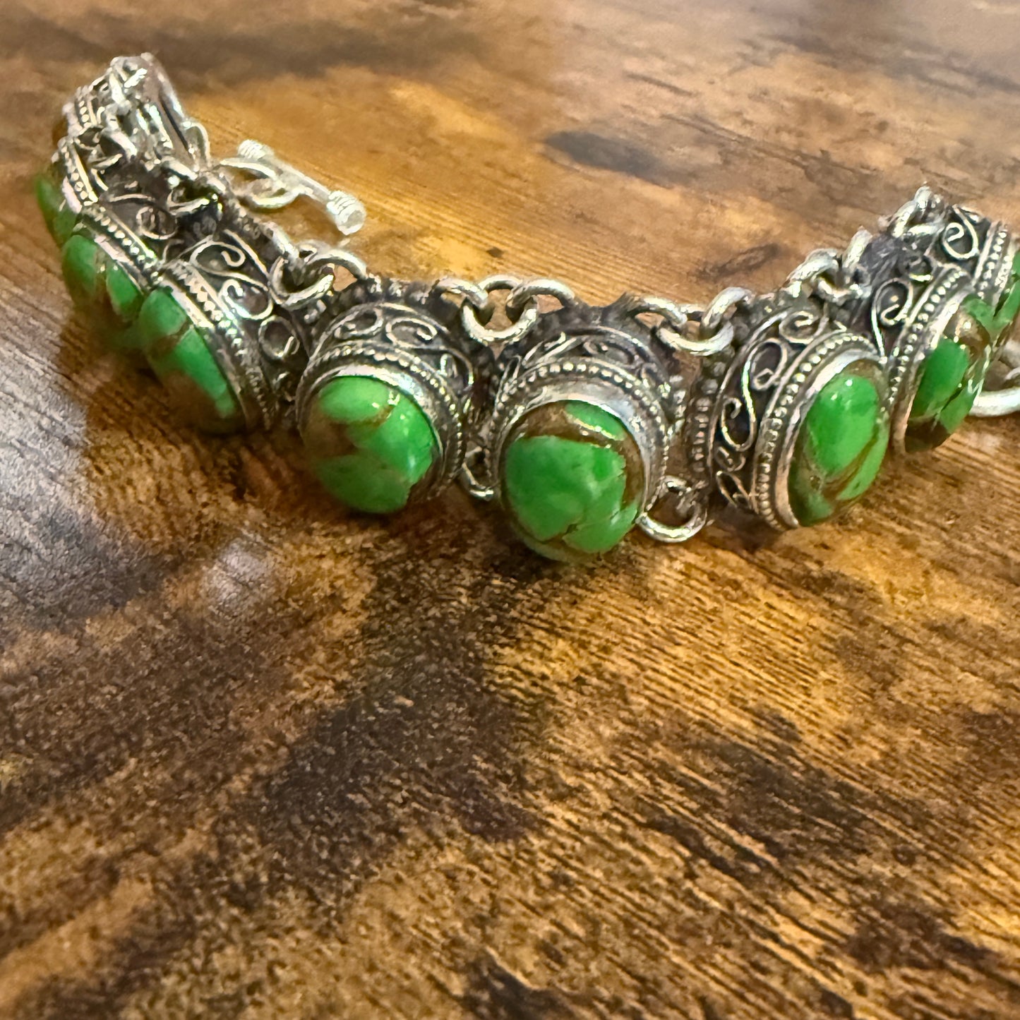 Natural Green Copper Dalhia Turquoise Link 925 Sterling Silver Vintage Bracelet