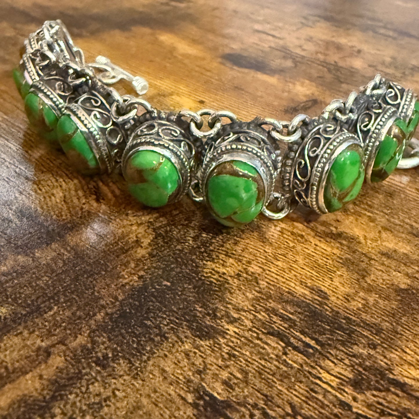 Natural Green Copper Dalhia Turquoise Link 925 Sterling Silver Vintage Bracelet