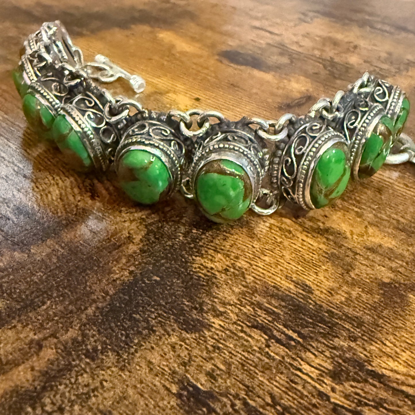 Natural Green Copper Dalhia Turquoise Link 925 Sterling Silver Vintage Bracelet