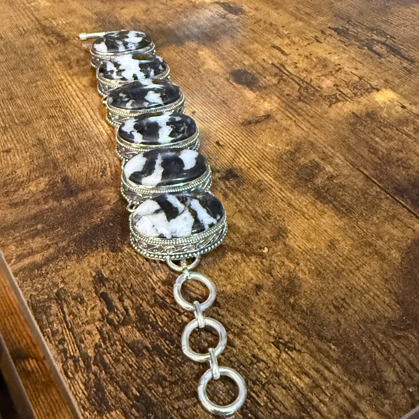 White Buffalo Turquoise Dalhia Gemstone Link Bracelet Sterling Silver