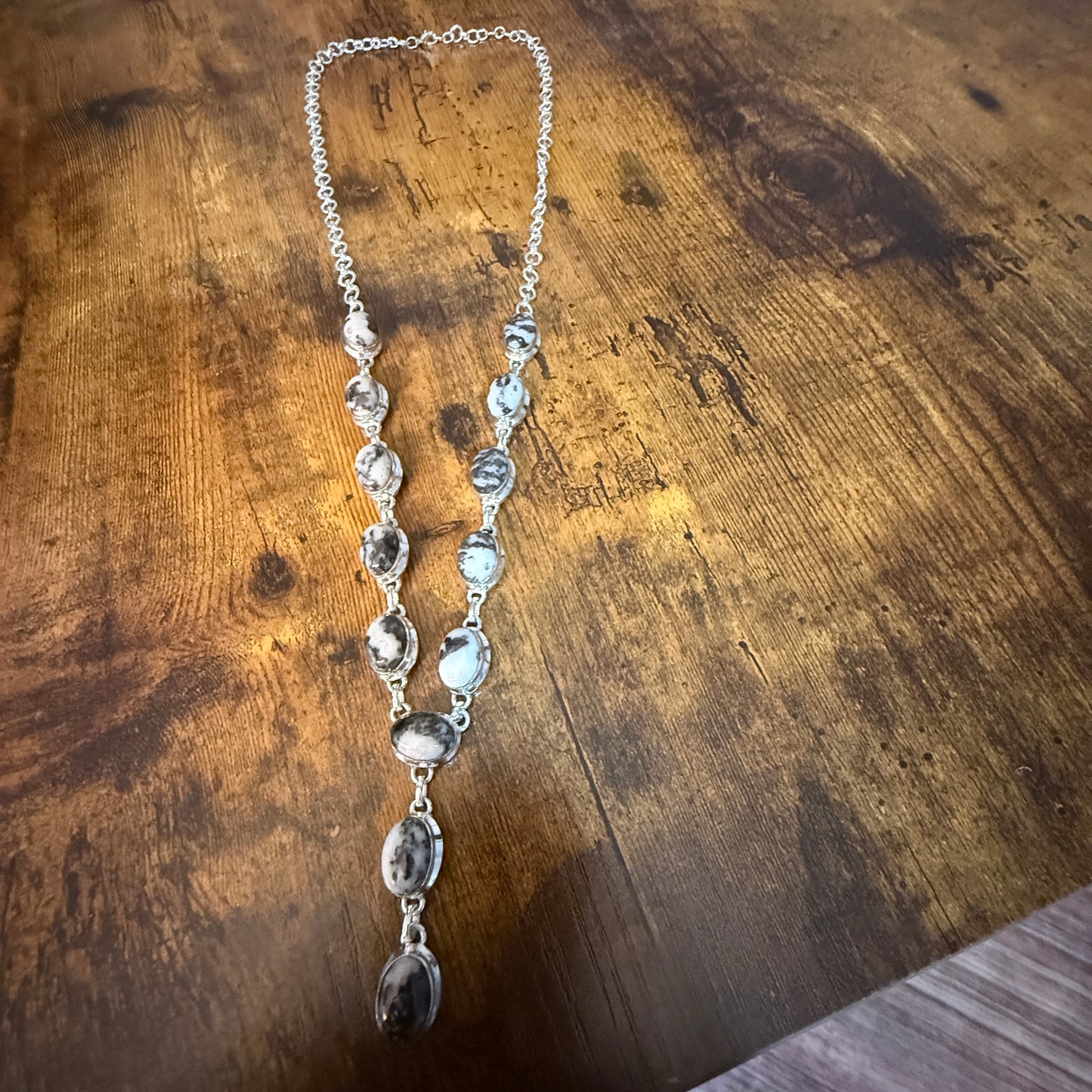 White Buffalo Dalhia Turquoise Stone Y Necklace 925 Sterling Silver Link