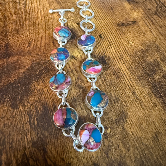 Red Rose Dalhia Turquoise Natural Stone Sterling Silver Link Bracelet