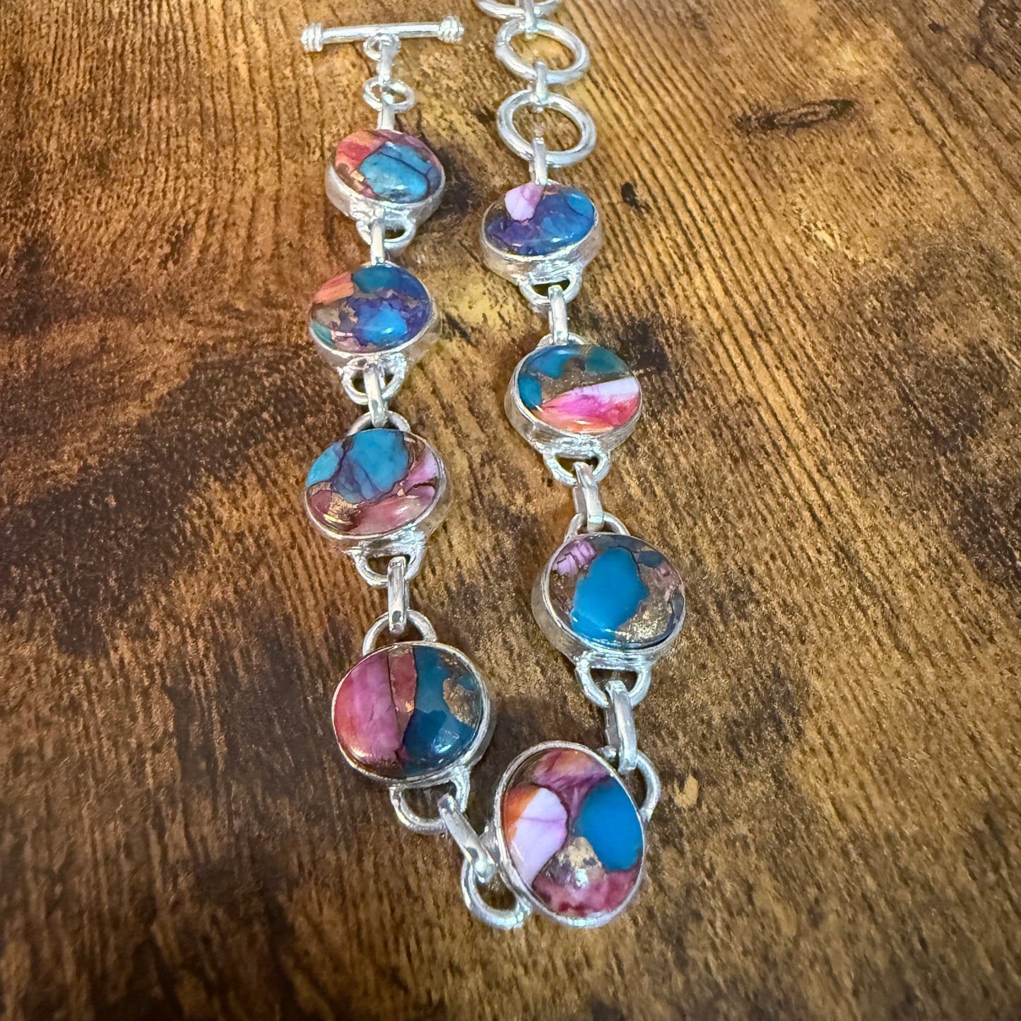 Red Rose Dalhia Turquoise Natural Stone Sterling Silver Link Bracelet