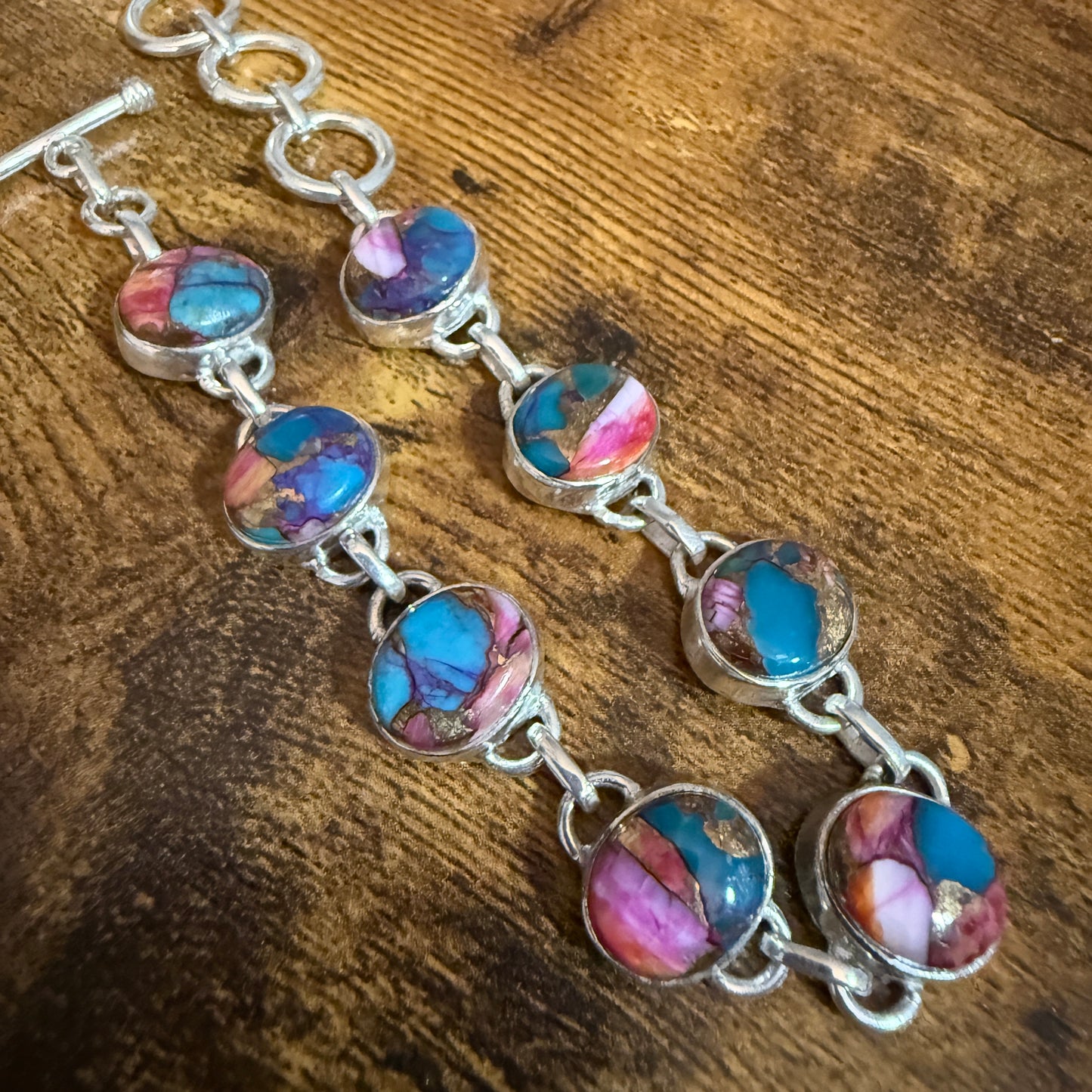 Red Rose Dalhia Turquoise Natural Stone Sterling Silver Link Bracelet