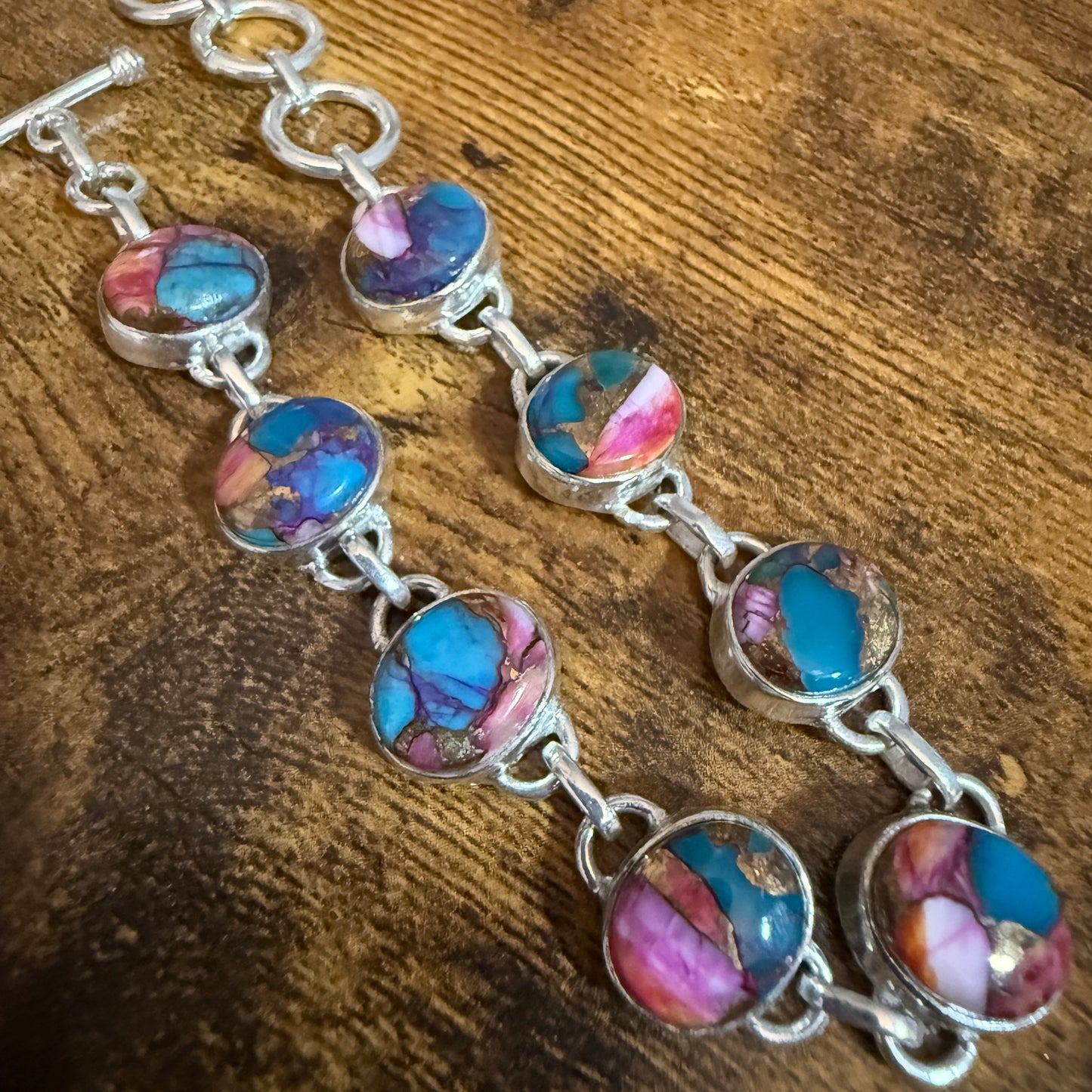 Red Rose Dalhia Turquoise Natural Stone Sterling Silver Link Bracelet