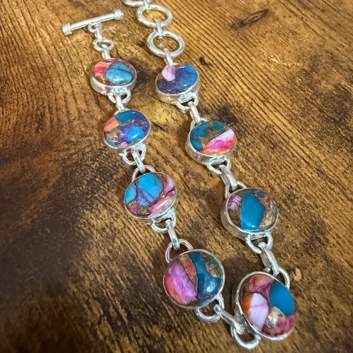 Red Rose Dalhia Turquoise Natural Stone Sterling Silver Link Bracelet