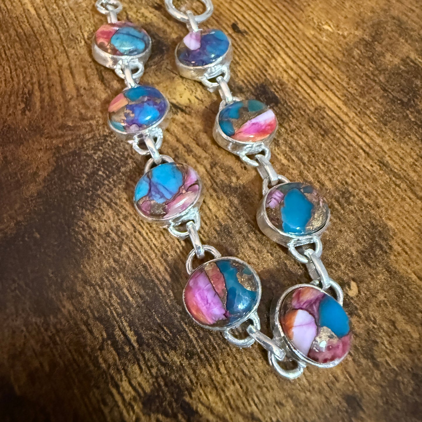 Red Rose Dalhia Turquoise Natural Stone Sterling Silver Link Bracelet