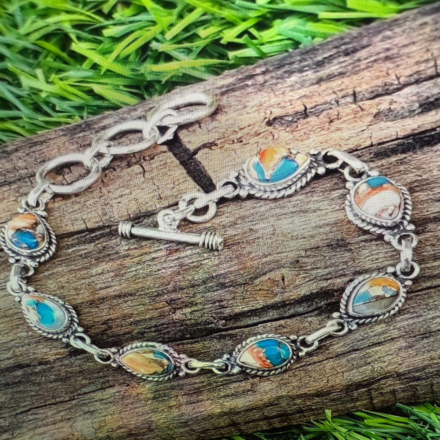 Oyster Copper Turquoise Dalhia Gemstone Bracelet In 925 Sterling Silver