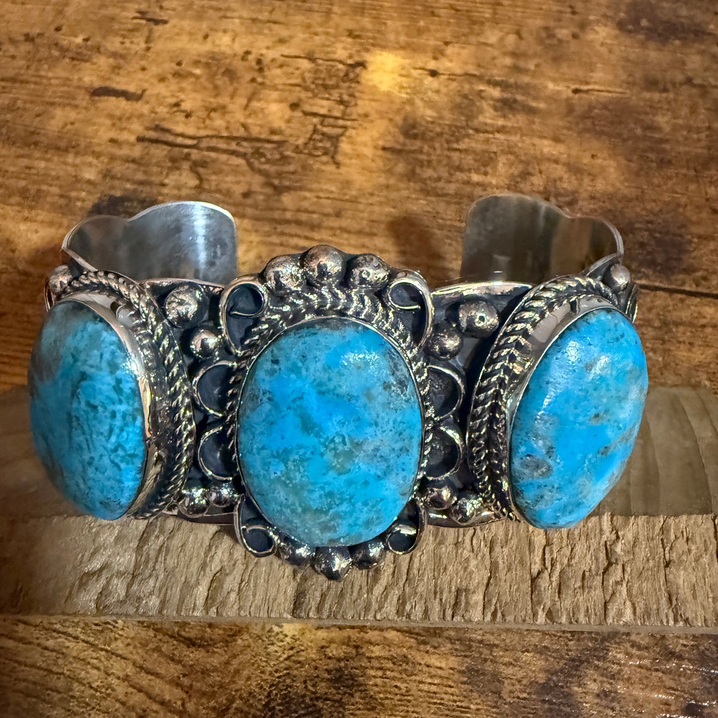 Native American Kingman Turquoise Cuff Bracelet Nickel Silver Signed Cleveland