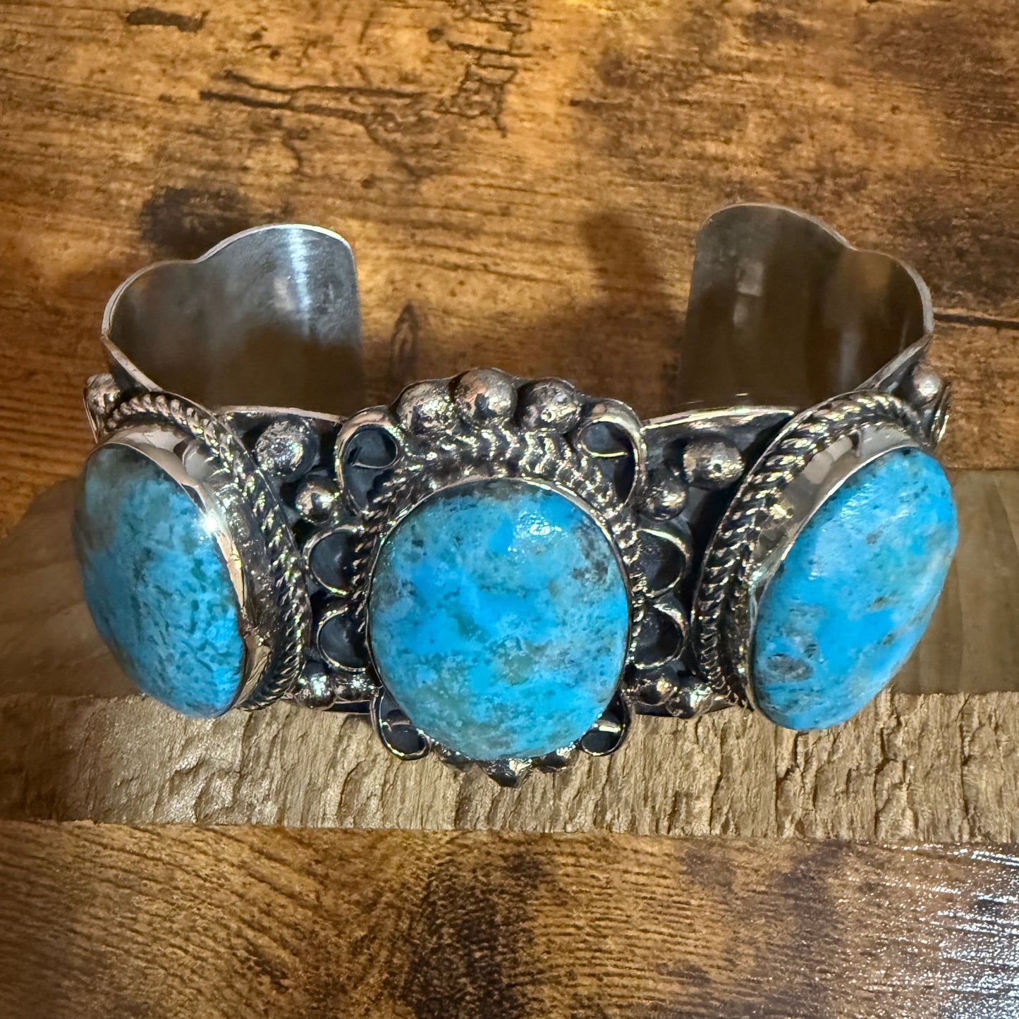 Native American Kingman Turquoise Cuff Bracelet Nickel Silver Signed Cleveland