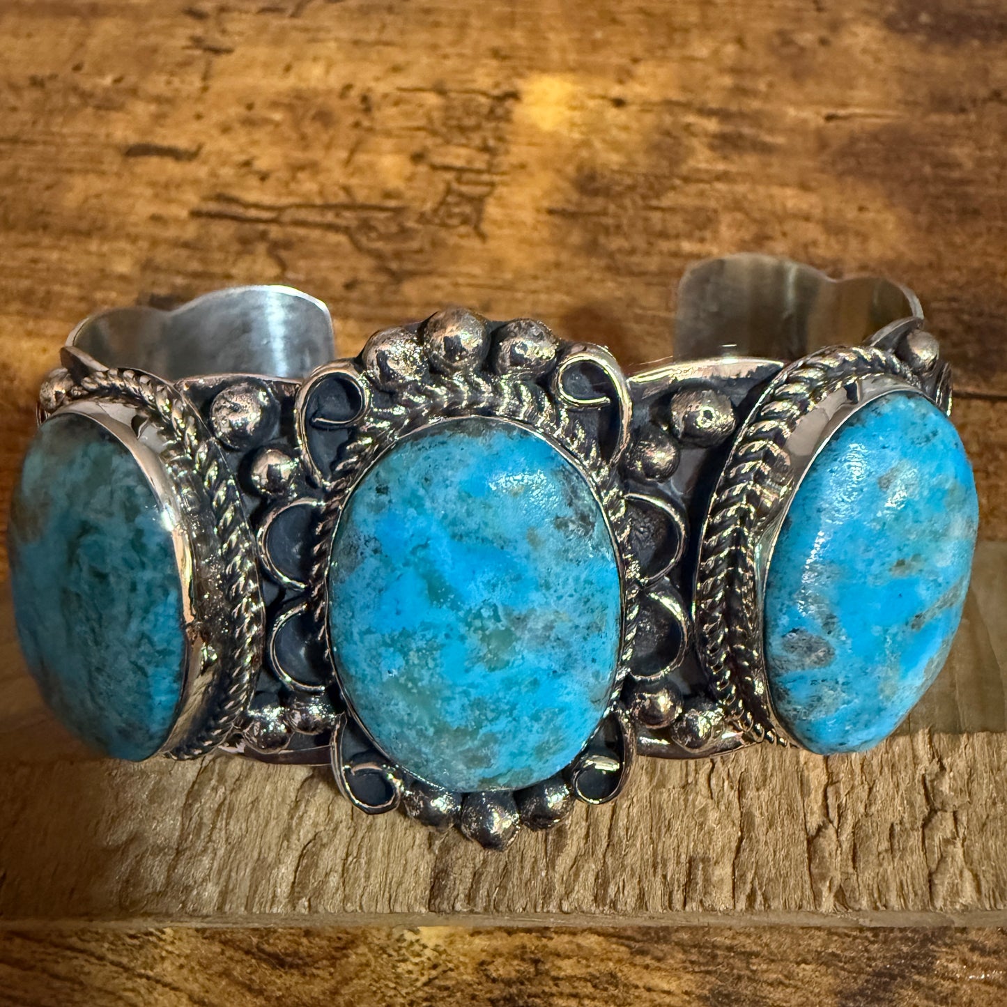 Native American Kingman Turquoise Cuff Bracelet Nickel Silver Signed Cleveland