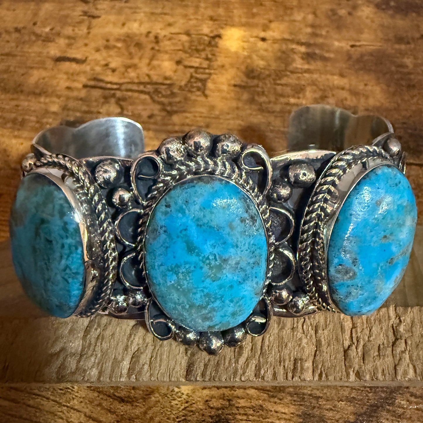 Native American Kingman Turquoise Cuff Bracelet Nickel Silver Signed Cleveland