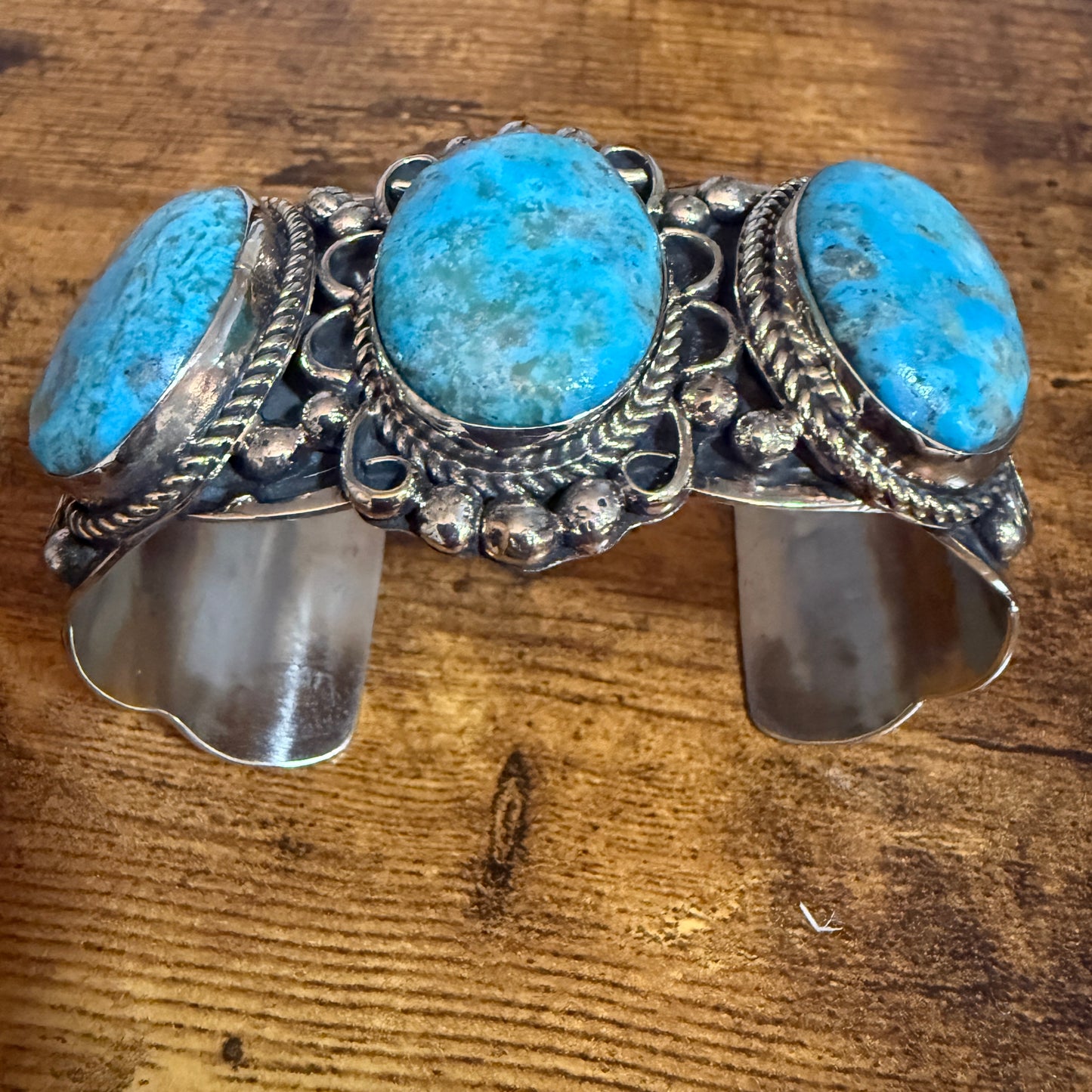 Native American Kingman Turquoise Cuff Bracelet Nickel Silver Signed Cleveland