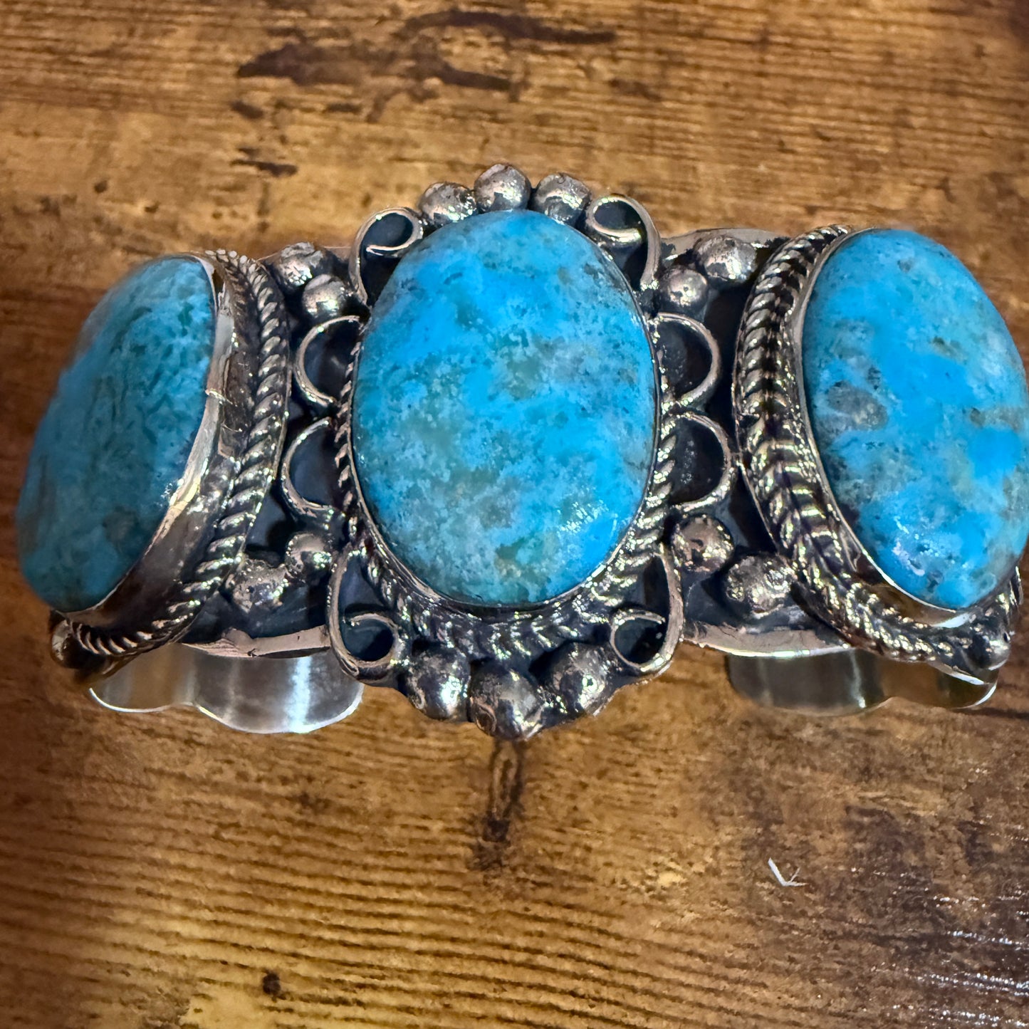 Native American Kingman Turquoise Cuff Bracelet Nickel Silver Signed Cleveland