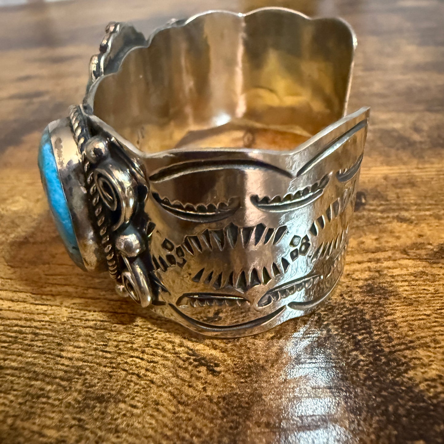 Native American Kingman Turquoise Cuff Bracelet Nickel Silver Signed Cleveland