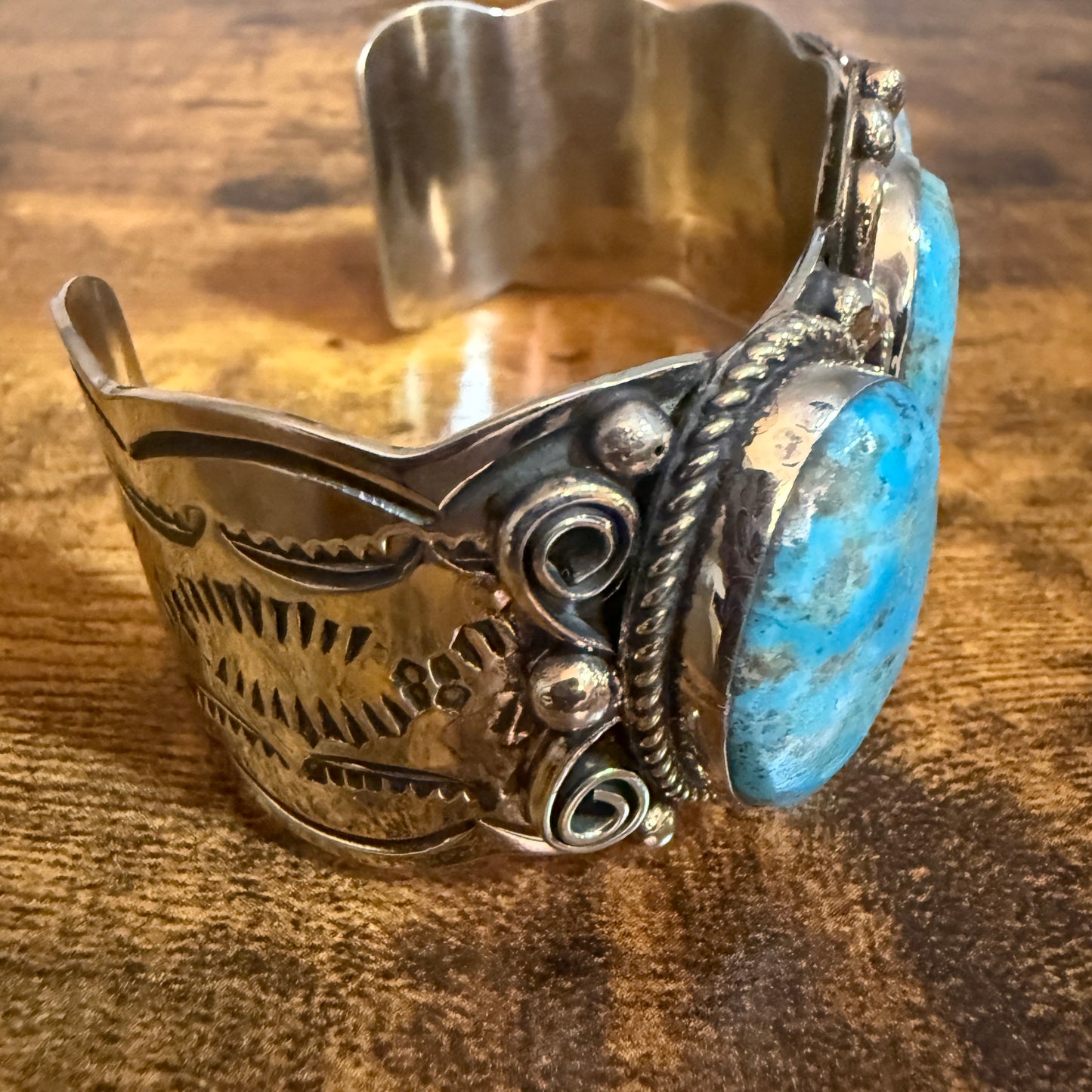 Native American Kingman Turquoise Cuff Bracelet Nickel Silver Signed Cleveland