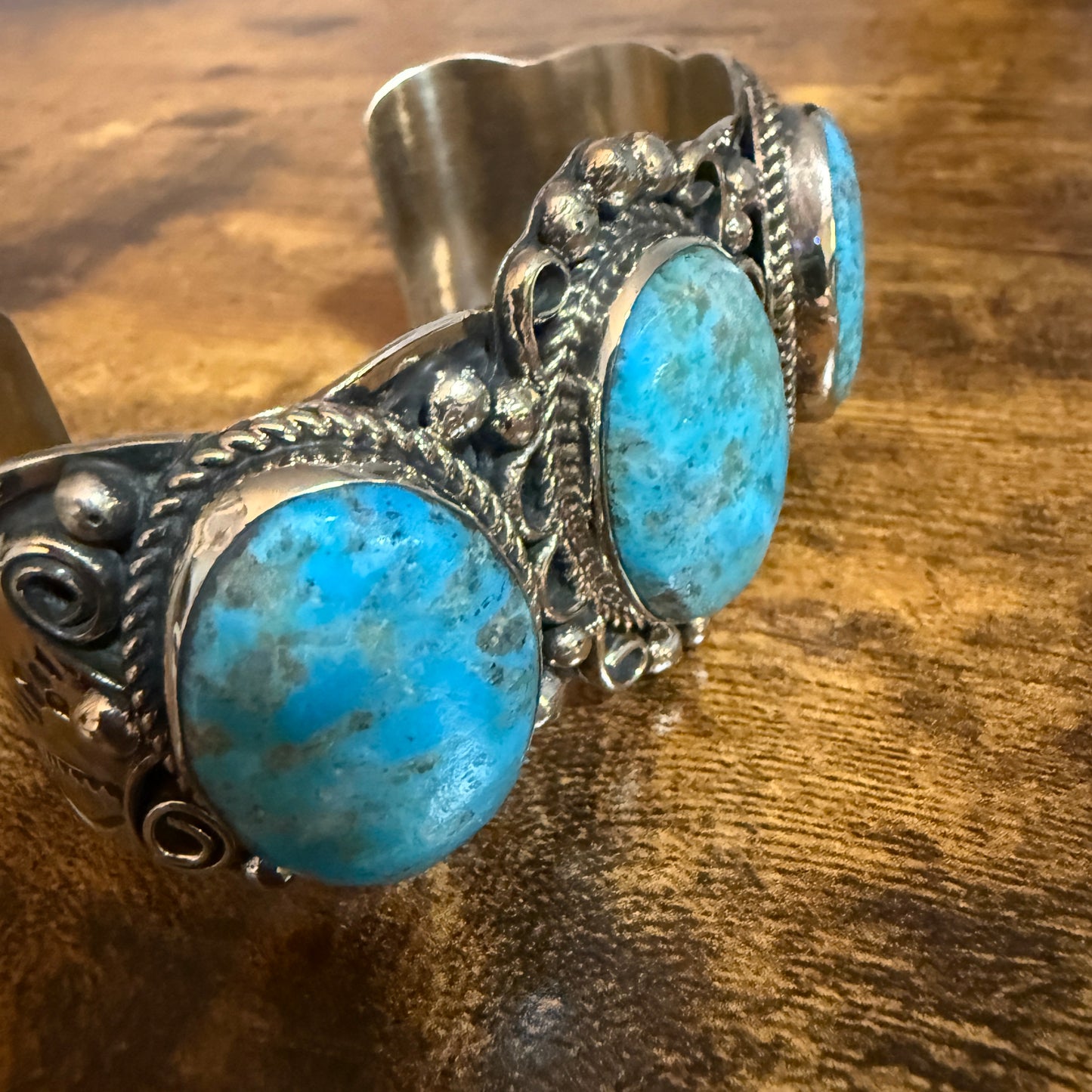 Native American Kingman Turquoise Cuff Bracelet Nickel Silver Signed Cleveland