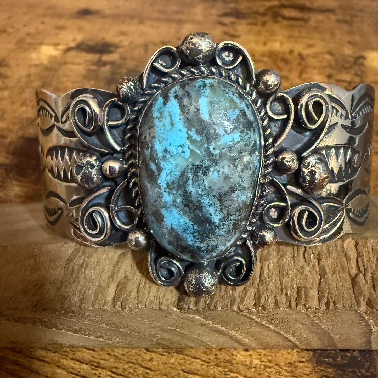 Native American Turquoise Cuff Bracelet Nickel Silver Signed Jackie Cleveland