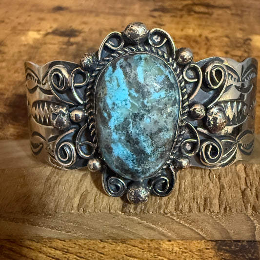 Native American Turquoise Cuff Bracelet Nickel Silver Signed Jackie Cleveland