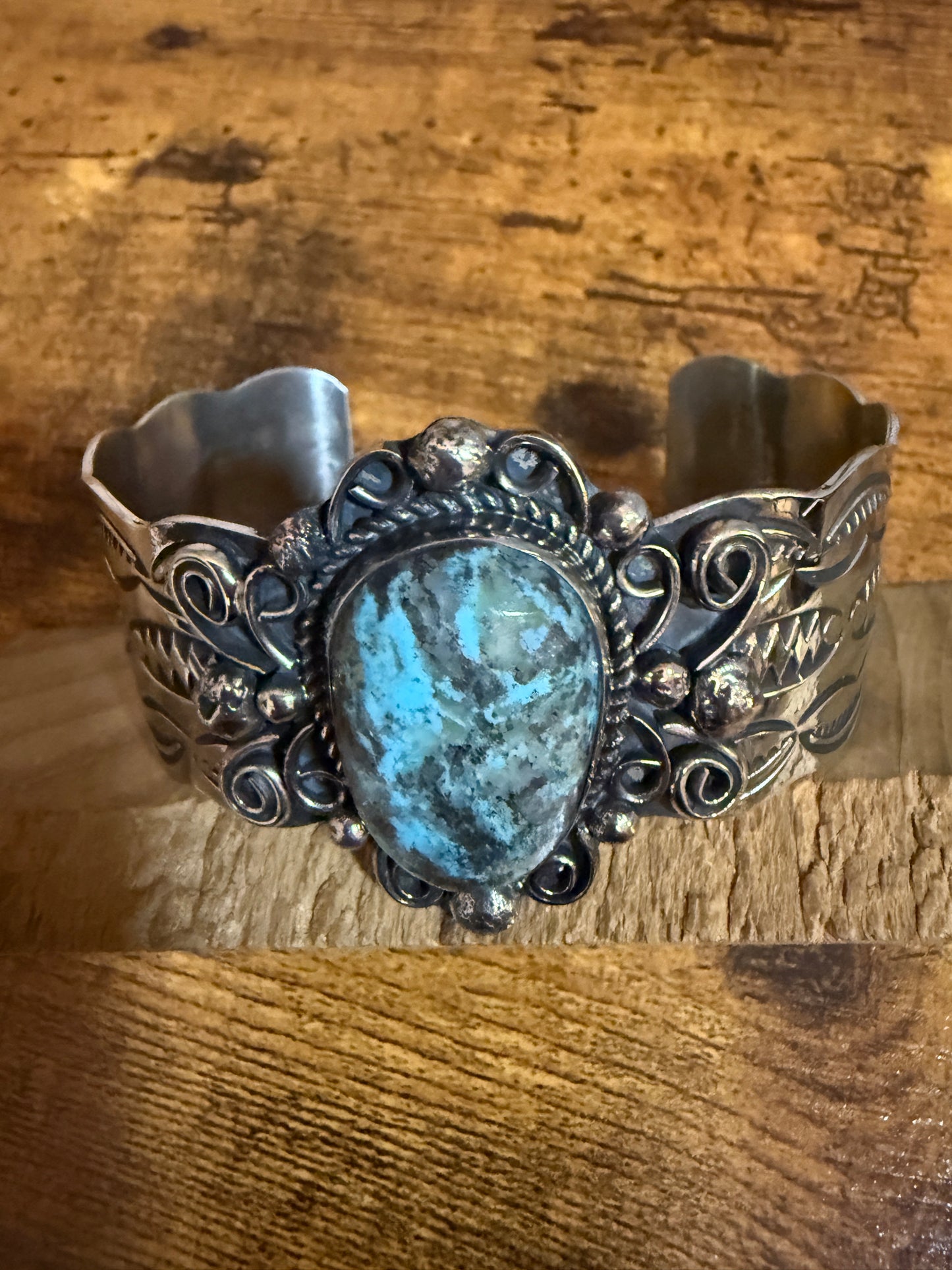 Native American Turquoise Cuff Bracelet Nickel Silver Signed Jackie Cleveland