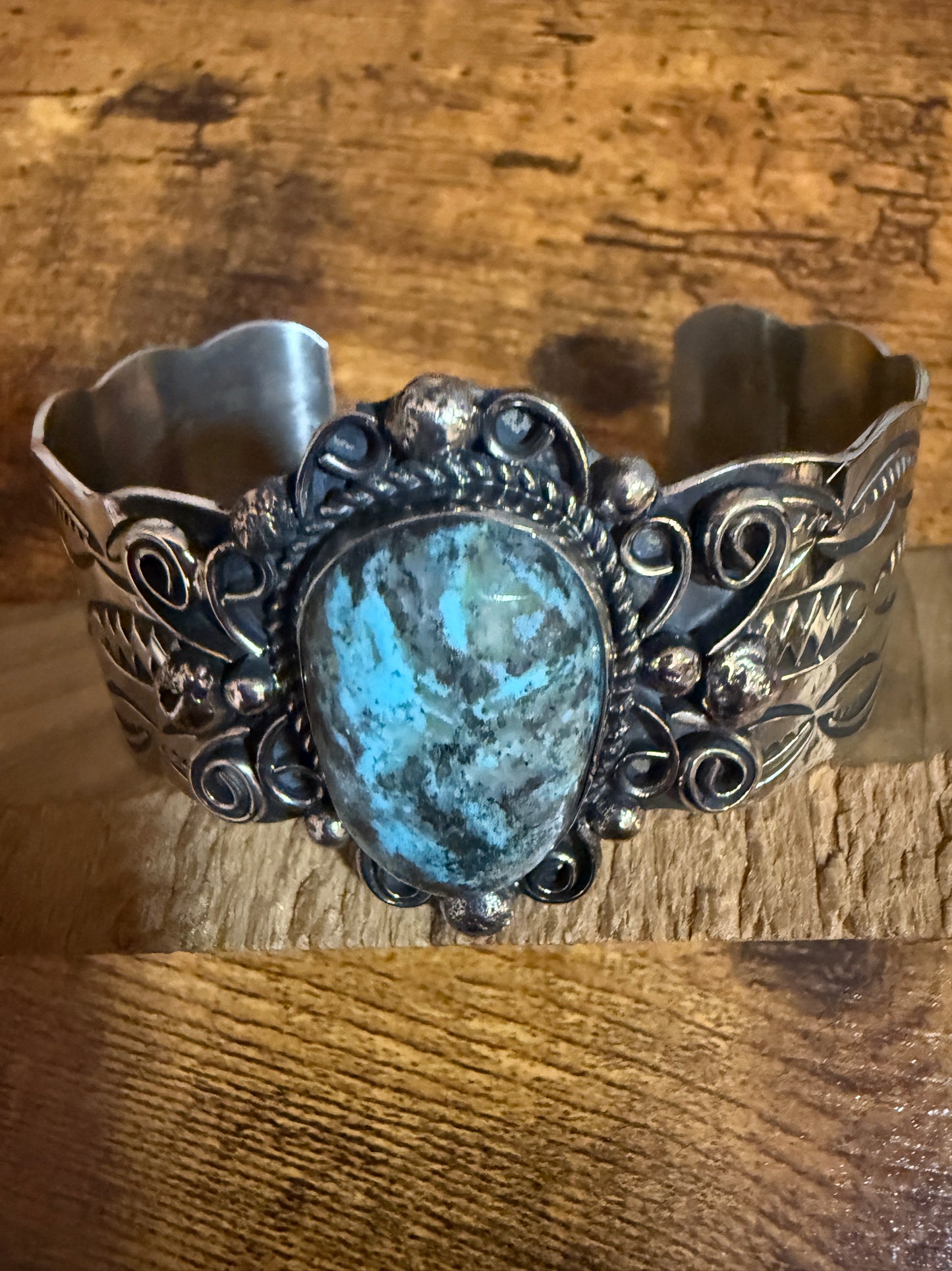 Native American Turquoise Cuff Bracelet Nickel Silver Signed Jackie Cleveland